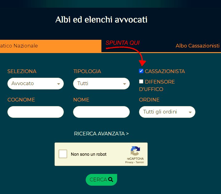 verificare se un avvocato è cassazionista. Schermata del sito dove fare la verifica